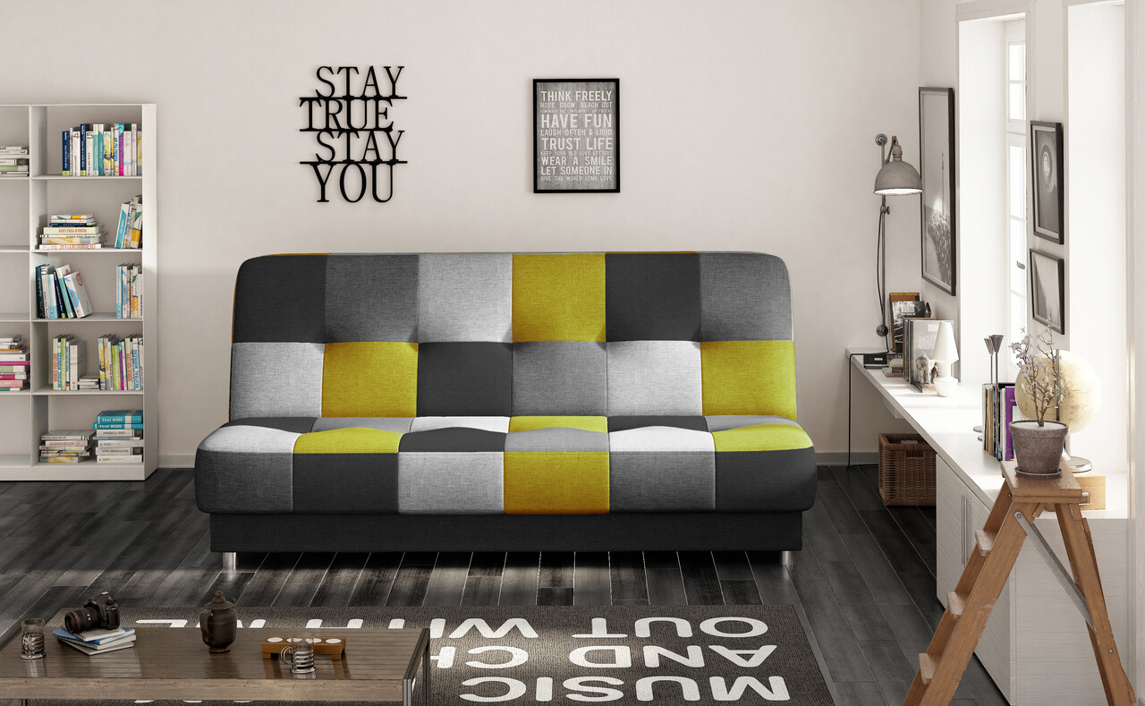 Canapea extensibila 3 locuri, ELTAP, Cayo, 192x90x90 cm, lemn/poliester, negru/galben - imagine 7